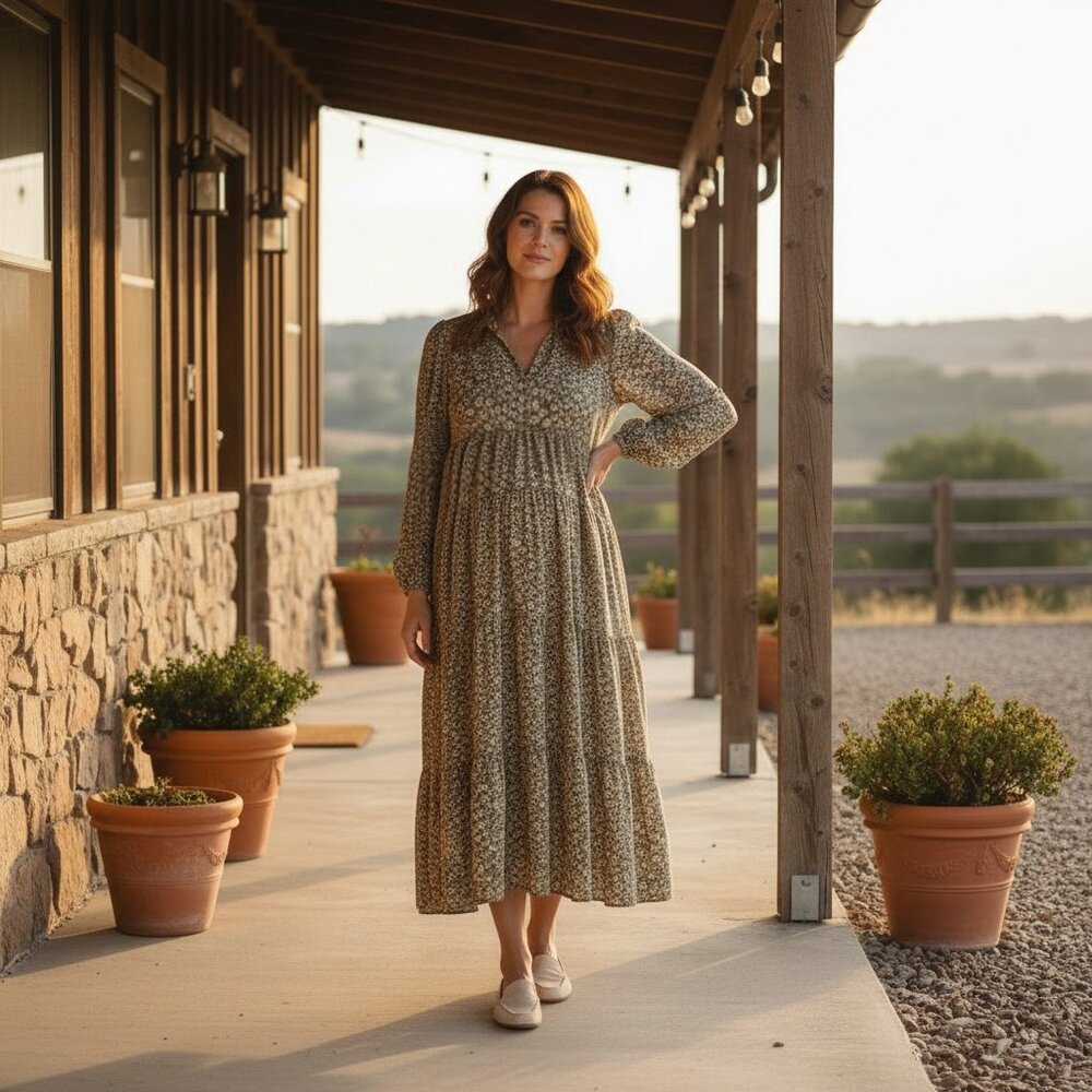 Olive floral casual midi dress-light weight, maternity friendly